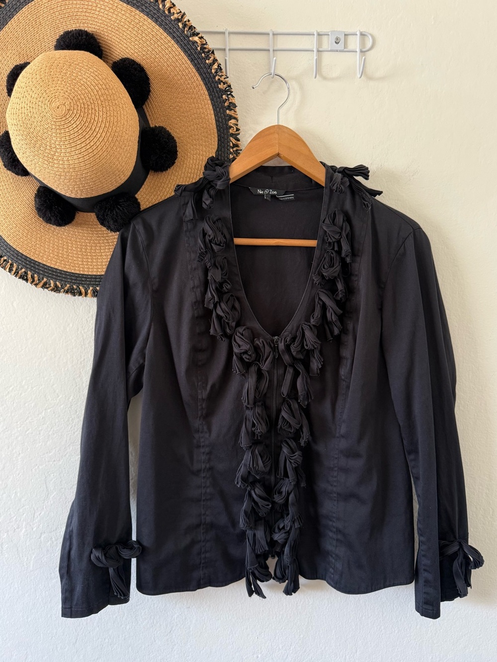 Nic and Zoe Black Cotton Bow Detail Zip Front Long Sleeve Top Jacket Size Large